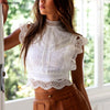 KHALEE YOSE White Lace Crochet Blouse Tops Hollow Out Summer Cropped Tops Shirt Women Zipper Ruffles Slim Tees Shirts  Blouse