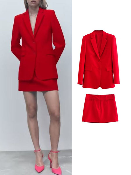 KJMYYX Women Blazer Skirt Suit 2023 Autumn Winter Single Breasted Slim Ladies Jacket High Waist Casual Mini Skirt