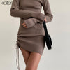 KLALIEN Autumn Sweater Dress Women Long Sleeve Turtleneck Knit Solid Slim Drawstring Bodycon Dress Thicken Warm Streetwear