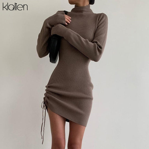 KLALIEN Autumn Sweater Dress Women Long Sleeve Turtleneck Knit Solid Slim Drawstring Bodycon Dress Thicken Warm Streetwear