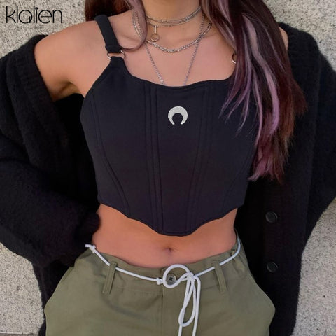 KLALIEN Fashion Casual Streetwear Slim Solid Moon Print Female Camisole 2022 New Simple Gray Black Basic Wild Soft Women Top