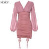 KLALIEN Mesh Long Sleeve V-Neck Solid Sexy Slim Drawstring Ruched Lady Dress 2023 Autumn Sexy Party Night Dresses Women