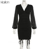 KLALIEN Mesh Long Sleeve V-Neck Solid Sexy Slim Drawstring Ruched Lady Dress 2023 Autumn Sexy Party Night Dresses Women