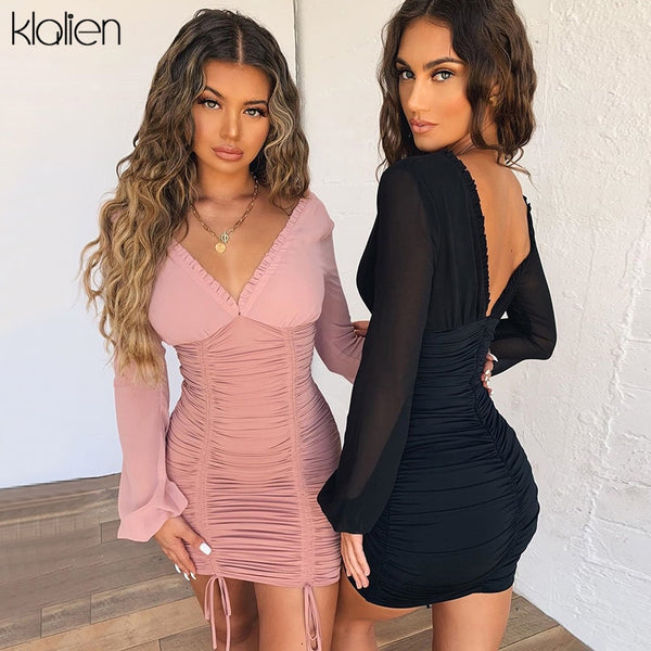 KLALIEN Mesh Long Sleeve V-Neck Solid Sexy Slim Drawstring Ruched Lady Dress 2023 Autumn Sexy Party Night Dresses Women