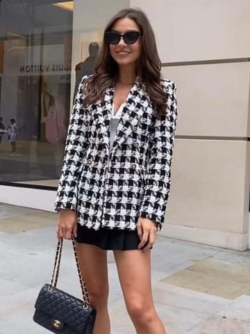 KLKXMYT TRAF Women 2023 Houndstooth Tweed Blazer Coat Vintage Long Sleeve Casual Female Outerwear Chic Jacket