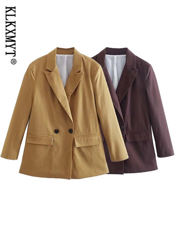 KLKXMYT TRAF Women's Blazer Jacket 2023 Double Breasted Linen Blazers Coat Vintage Long Sleeve Female Overcoat Tops