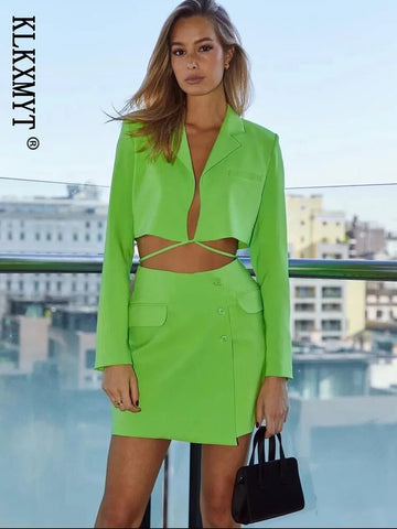 KLKXMYT Traf Women Suits With Skirt Sets 2023 Lacing Short Blazer Jacket Mini Skirt Set Woman 2 Pieces Chic Female Suit