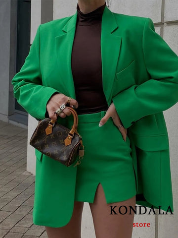 KONDALA 2023 Chic Green Oversized Long Women Blazer V Neck Pockets Office Lady Jackets Female Elegant Women Blazer