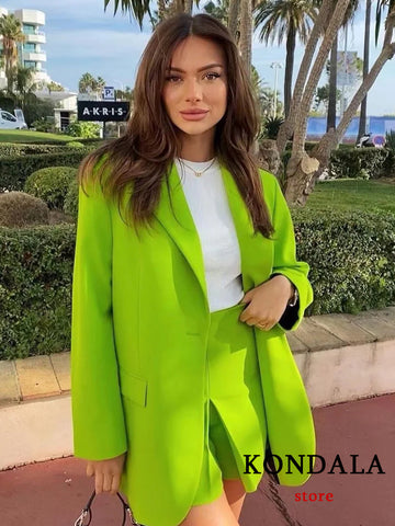 KONDALA 2023 Office Lady Fluorescent Green Oversized Long Blazer Women V Neck Single Button Vintage Jackets Elegant Outwears