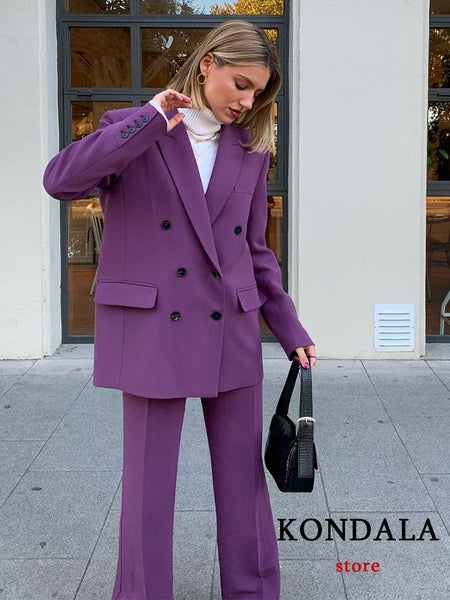 KONDALA 2023 Office Lady Solid Purple Oversized Long Blazer Women Long Sleeve V Neck Double Breasted Jackets Female Outwear
