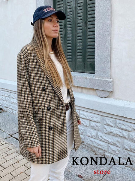 KONDALA 2023 Plaid Tweed Blazer Office Wear Nortched Long Sleeve Single Breasted Pocket Outwear Female Coat Blazer Feminino