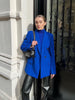 KONDALA Office Lady Solid Blue Oversized Long Blazer Women V Neck Double Breasted Pockets Vintage Jacket Female Elegant