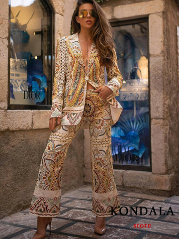 KONDALA Vintage Floral Print Oversized Long Jackets Women Long Sleeve V Neck Single Button Loose Blazer Women Boho 2023
