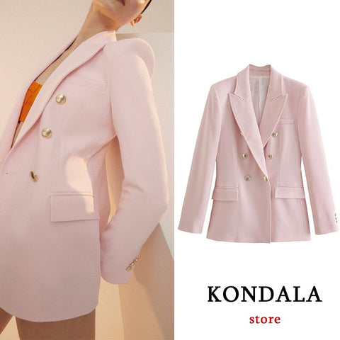 KONDALA Women Chic Pink Oversized Blazer Za 2023 Office Lady Double Breasted Solid Pockets Long Jackets V Neck Elegant Mujer Top