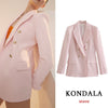KONDALA Women Chic Pink Oversized Blazer Za 2023 Office Lady Double Breasted Solid Pockets Long Jackets V Neck Elegant Mujer Top