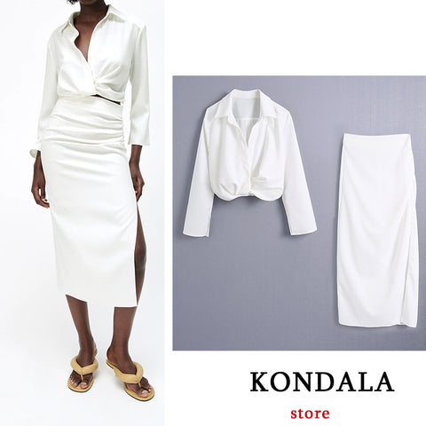 KONDALA Women White Shirt Za Suits V Neck Blouse Solid Oversized Short Blazer High Waist Straight Skirt Soft 2 Pieces Suits