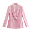 KONDALA Za 2023 Chic Pink Women Office Lady Blazer V Neck Double Breasted Long Sleeve Autumn Jackets Elegant Slim Blazer