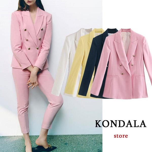 KONDALA Za 2023 Chic Pink Women Office Lady Blazer V Neck Double Breasted Long Sleeve Autumn Jackets Elegant Slim Blazer
