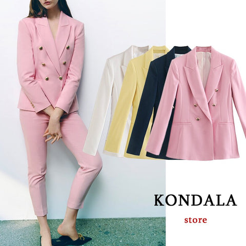 KONDALA Za 2023 Chic Pink Women Office Lady Blazer V Neck Double Breasted Long Sleeve Autumn Jackets Elegant Slim Blazer