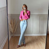 KONDALA Za 2022 Women Chic Pink Short Blazer V Neck Long Sleeve Office Lady Jackets Solid Button Streetwear Sexy Blazer