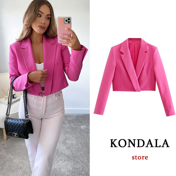 KONDALA Za 2022 Women Chic Pink Short Blazer V Neck Long Sleeve Office Lady Jackets Solid Button Streetwear Sexy Blazer
