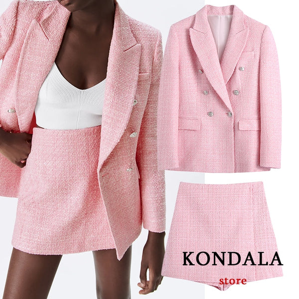 KONDALA Za Chic Pink Blazer Office Lady 2022 Plaid Oversized Long Jackets Women Long Sleeve Double Button Pockets Tops