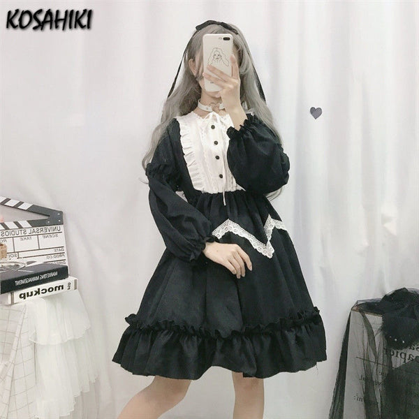 KOSAHIKI Kawaii Lolita Dress Women Japanese Sweet Robe 2022 Auutmn Long Sleeve Ruffle Patch Lace Dresses Girls Cosplay Vestido