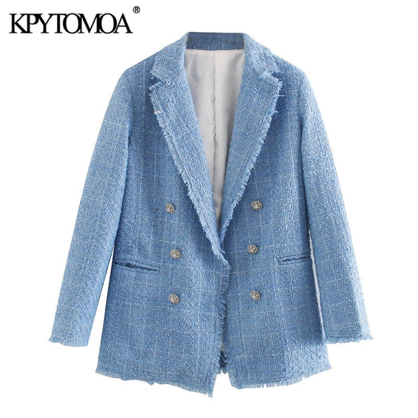 KPYTOMOA Women 2022 Office Wear Double Breasted Tweed Blazer Coat Vintage Long Sleeve Frayed Female Outerwear Chic Tops