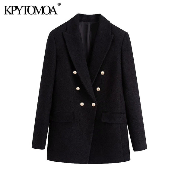 KPYTOMOA Women 2022 Office Wear Double Breasted Tweed Blazer Coat Vintage Long Sleeve Pockets Female Outerwear Chic Tops
