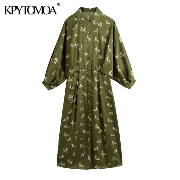 KPYTOMOA Women 2022 Chic Animal Print Midi Shirt Dress Vintage Lantern Sleeve Button-up Female Dresses Vestidos Mujer