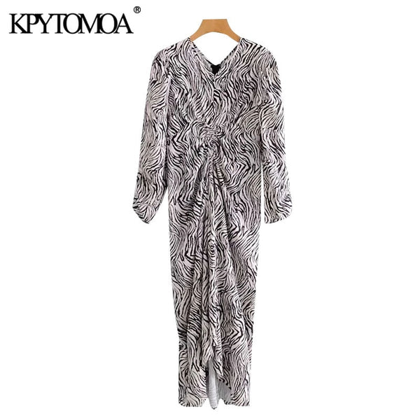 KPYTOMOA Women 2022 Chic Animal Print Pleated Asymmetric Midi Dress Vintage Puff Sleeve Back Zipper Female Dresses Mujer