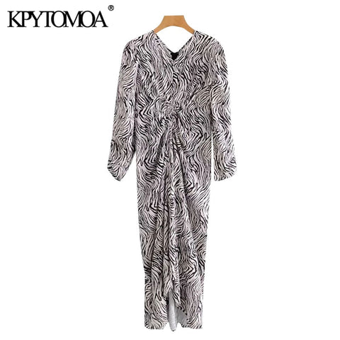 KPYTOMOA Women 2022 Chic Animal Print Pleated Asymmetric Midi Dress Vintage Puff Sleeve Back Zipper Female Dresses Mujer