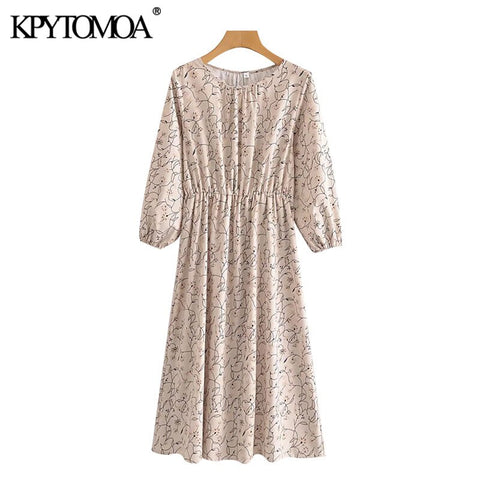 KPYTOMOA Women 2022 Chic Floral Print Pleated Midi Dress Vintage Three Quarter Sleeve Elastic Cuffs Female Dresses Mujer