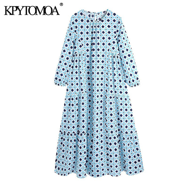 KPYTOMOA Women 2022 Chic  Geometric Print Ruffled Midi Dress Vintage O Neck Long Sleeve Female Dresses Vestidos Mujer