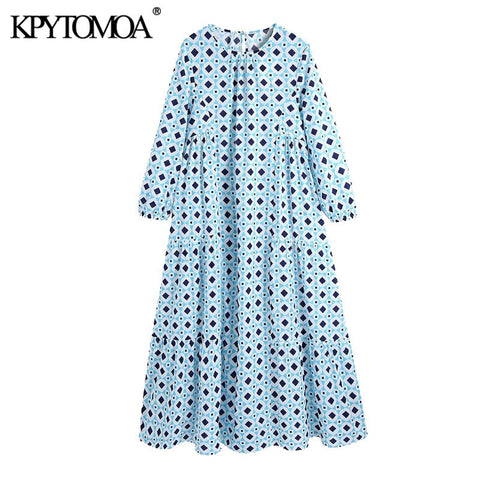 KPYTOMOA Women 2022 Chic  Geometric Print Ruffled Midi Dress Vintage O Neck Long Sleeve Female Dresses Vestidos Mujer