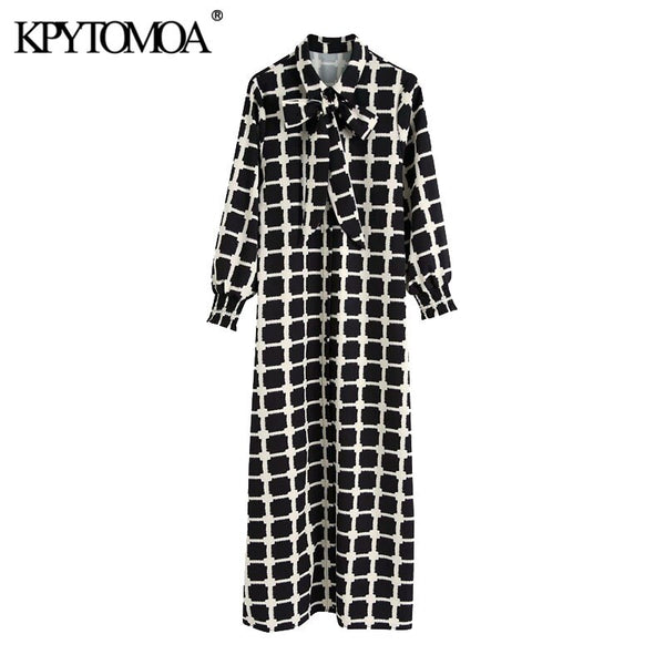 KPYTOMOA Women 2022 Chic Printed Button-up Midi Dress Vintage Bow Tie Collar Three Quarter Sleeve Female Dresses Mujer