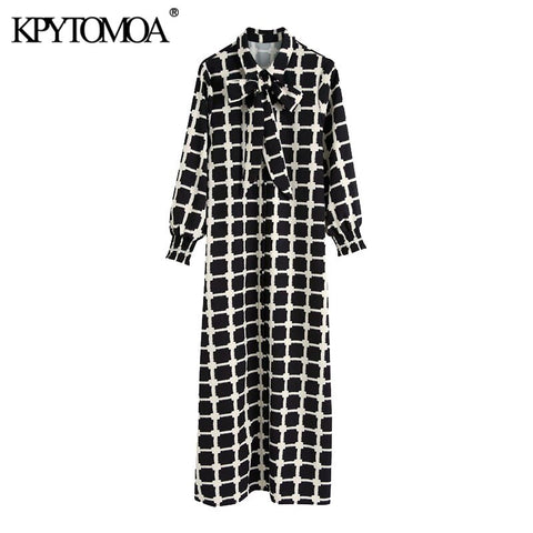 KPYTOMOA Women 2022 Chic Printed Button-up Midi Dress Vintage Bow Tie Collar Three Quarter Sleeve Female Dresses Mujer