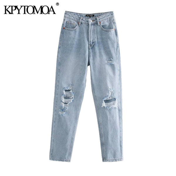KPYTOMOA Women 2022 Chic Ripped Hole Side Pockets Jeans Vintage High Waist Zipper Fly Denim Female Ankle Trousers Mujer