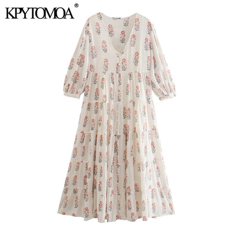 KPYTOMOA Women 2022 Chic Semi-Sheer Floral Print Midi Dress Vintage Three Quarter Sleeve Button-up Female Dresses Mujer