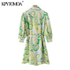 KPYTOMOA Women 2022 Chic With Belt Printed Linen Mini Dress Vintage Puff Sleeve Button-up Female Dresses Vestidos Mujer