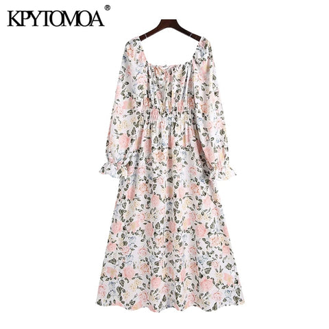 KPYTOMOA Women 2022 Chic With Tied Floral Print Midi Dress Vintage Puff Sleeve Elastic Waist Female Dresses Mujer