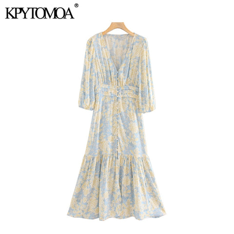 KPYTOMOA Women 2022 Elegant Floral Print Ruffled Midi Dress Vintage V NecK Three Quarter Sleeve Female Dresses Vestidos
