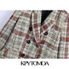 KPYTOMOA Women 2022 Double Breasted Check Tweed Blazer Coat Vintage Long Sleeve Pockets Female Outerwear Chic Tops