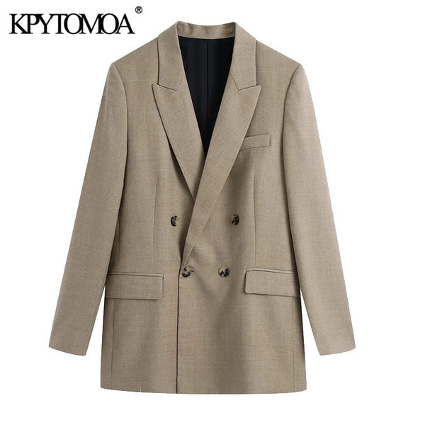 KPYTOMOA Women 2022 Double Breasted Loose Fitting Blazer Coat Vintage Long Sleeve Pockets Female Outerwear Chic Veste