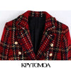 KPYTOMOA Women 2022 Double Breasted Tweed Check Blazer Coat Vintage Long Sleeve Frayed Tassel Female Outwear Chic Tops