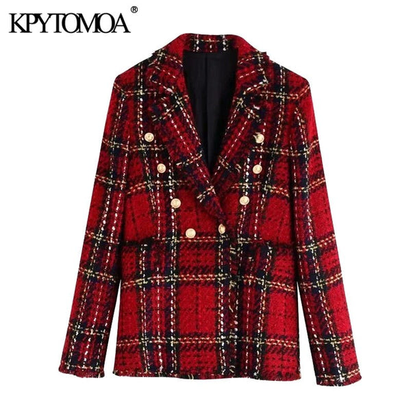 KPYTOMOA Women 2022 Double Breasted Tweed Check Blazer Coat Vintage Long Sleeve Frayed Tassel Female Outwear Chic Tops