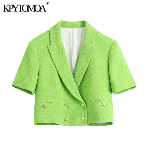 KPYTOMOA Women 2022 Double Breasted Tweed Cropped Blazer Coat Vintage Short Sleeve Female Outerwear Chic Veste Femme