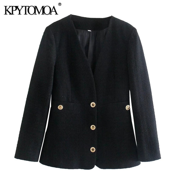 KPYTOMOA Women 2022 Fitted Tweed Blazer Coat Vintage Long Sleeve Welt Pockets Female Outerwear Chic Veste Femme