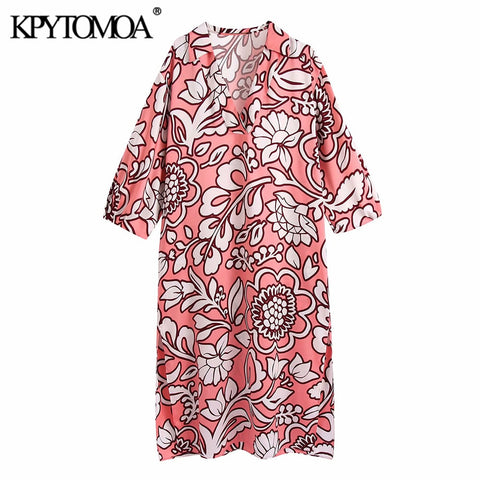 KPYTOMOA Women 2022 Floral Print Side Slit Midi Dress Vintage V Neck Three Quarter Sleeve Female Dresses Vestidos