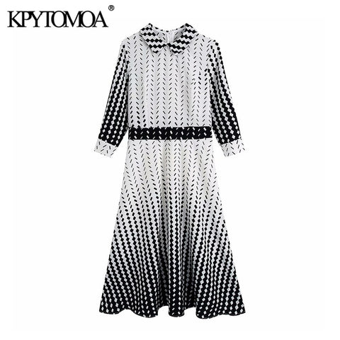 KPYTOMOA Women 2022 Geometric Print Office Wear Midi Dress Vintage Three Quarter Sleeve Back Zipper Female Dresses Mujer